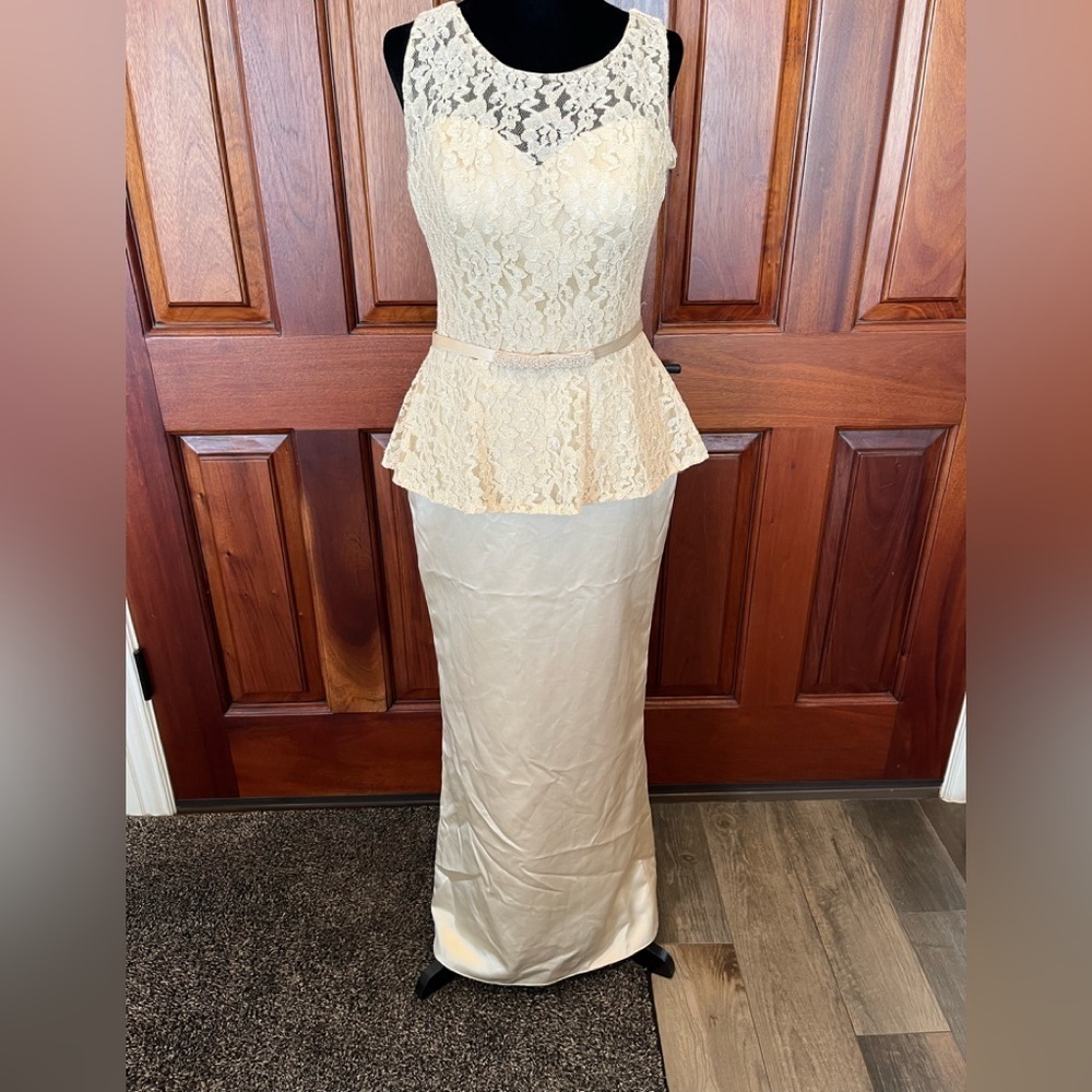 Christina Wu Wedding Lace Tank Maxi Dress Champagne Full Gown Sz 8